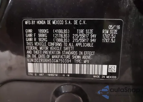 2016 Honda Hr-V Ex z USA, uszkodzony, nr VIN 3CZRU6H53GM750394